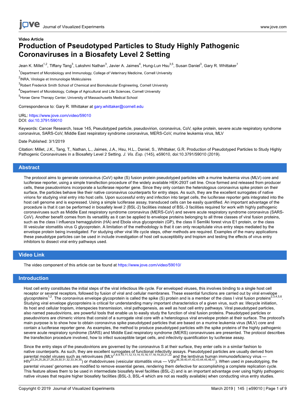 Production of Pseudotyped Particles to Study Highly Pathogenic Coronaviruses in a Biosafety Level 2 Setting