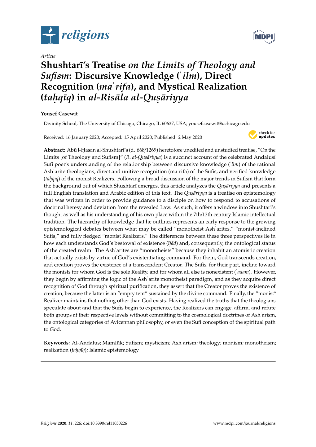 Shushtarī's Treatise on the Limits of Theology and Sufism: Discursive Knowledge (ʿilm), Direct Recognition (Maʿrifa), and Mystical Realization (Taḥqīq) in Al-Risāla Al-Quṣāriyya