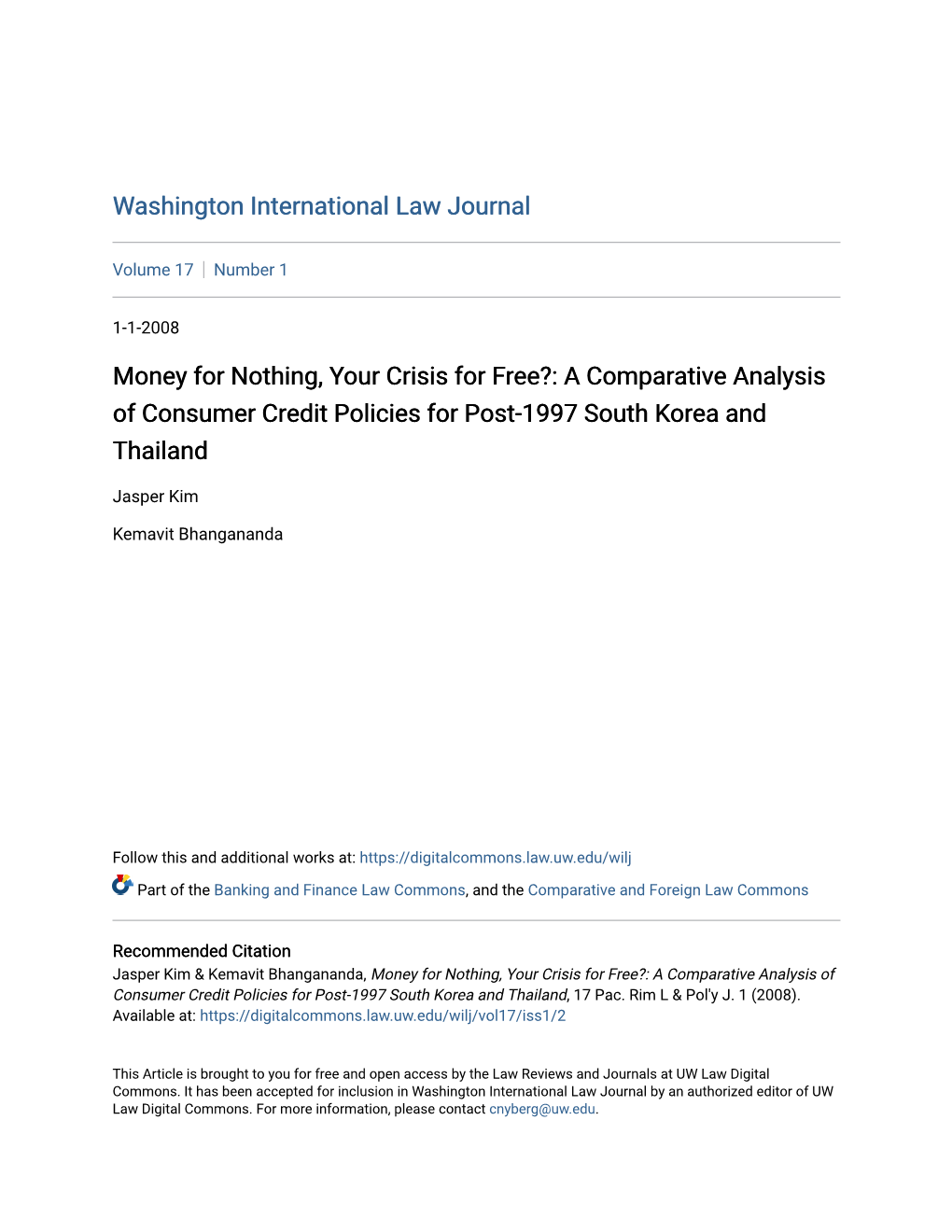 A Comparative Analysis of Consumer Credit Policies for Post-1997 South Korea and Thailand