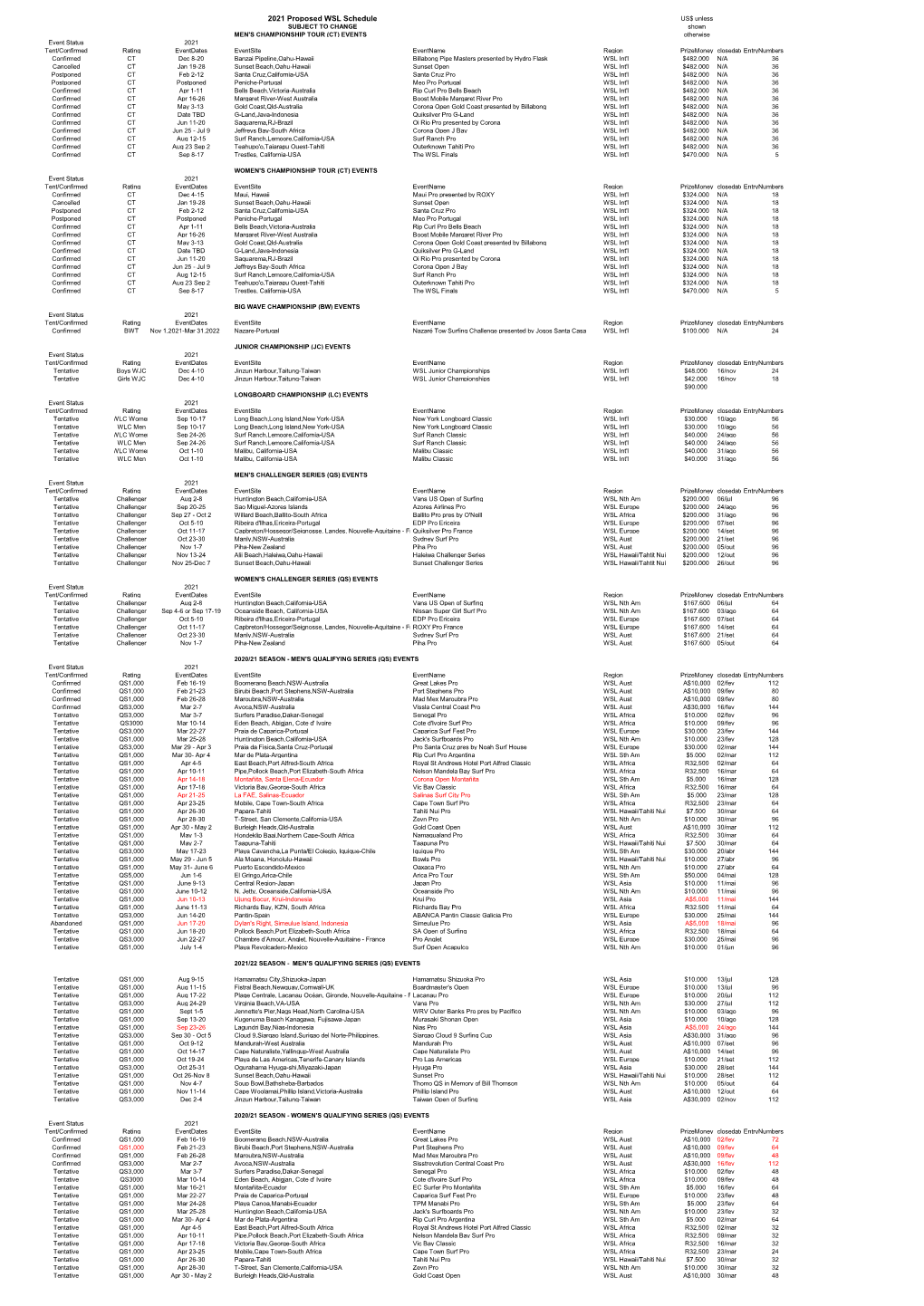 2021 Proposed WSL Schedule