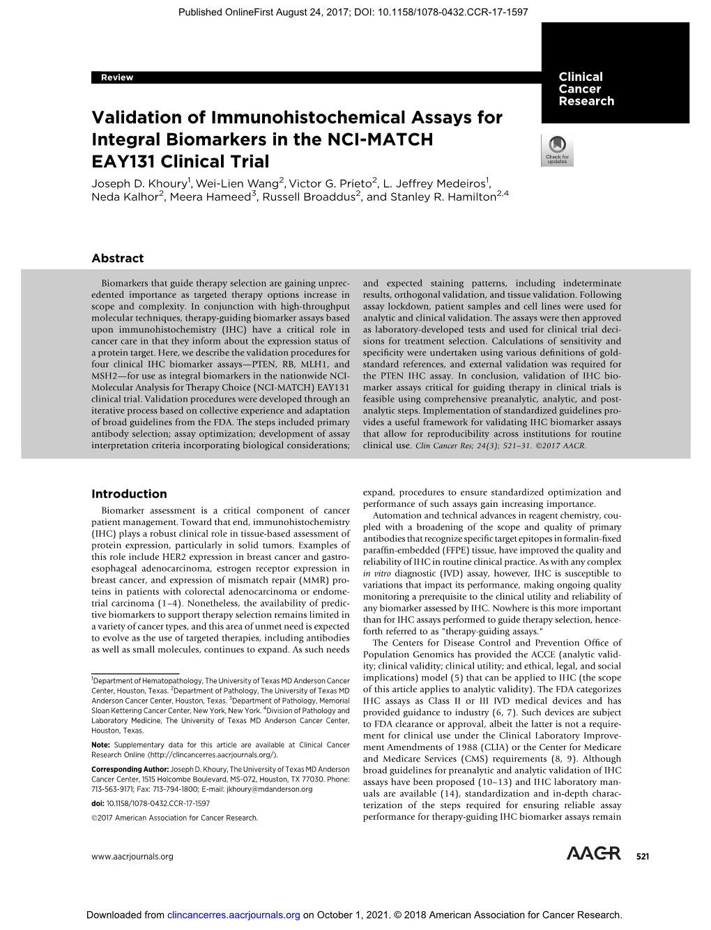 Validation of Immunohistochemical Assays for Integral Biomarkers in the NCI-MATCH EAY131 Clinical Trial Joseph D