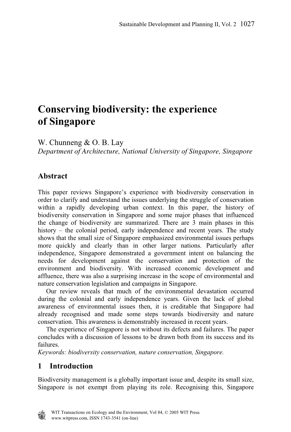 Conserving Biodiversity: the Experience of Singapore