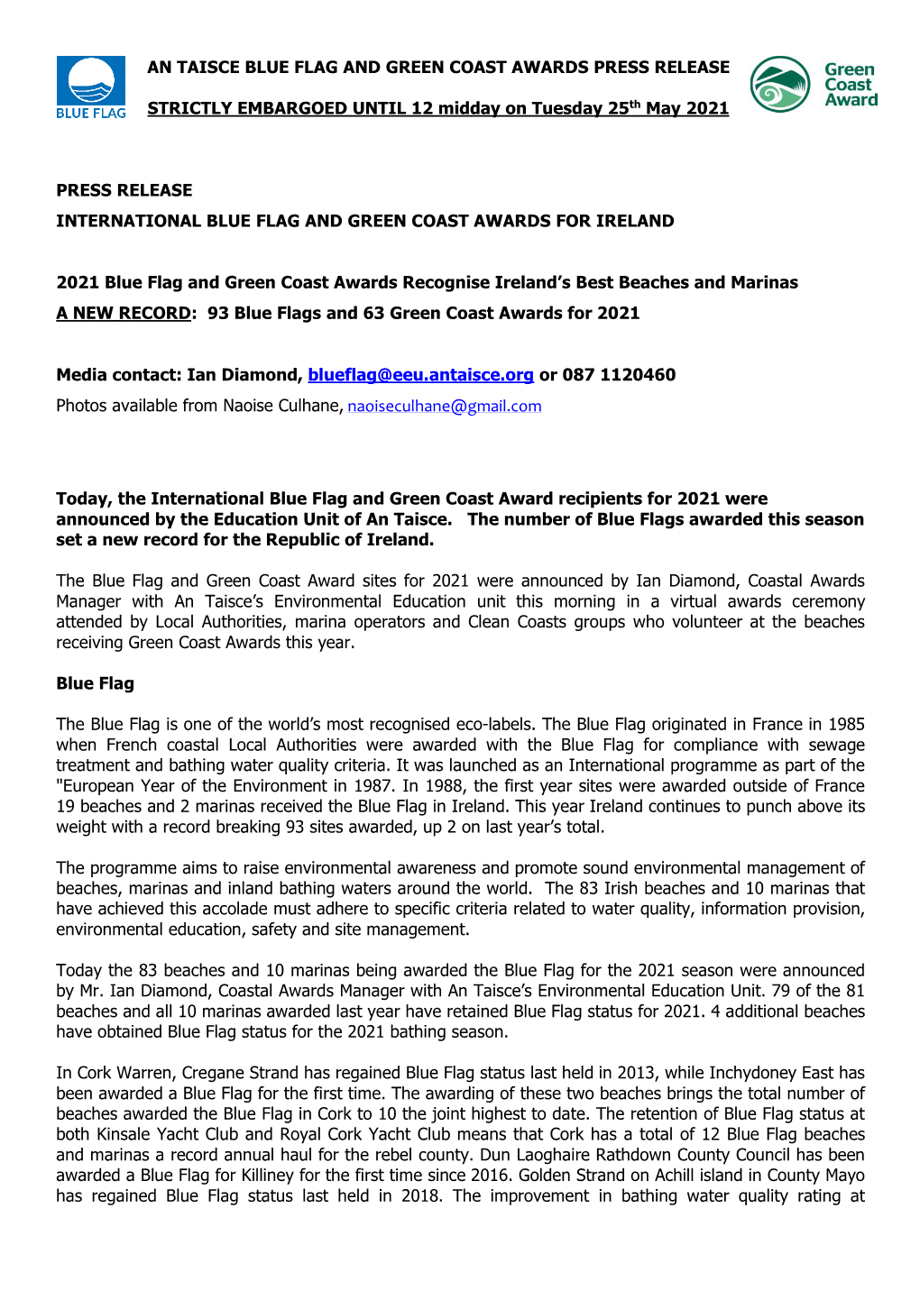 An Taisce Blue Flag and Green Coast Awards Press Release