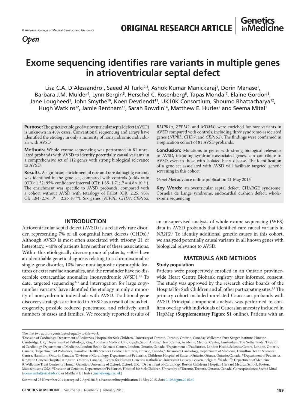 Exome Sequencing Identifies Rare Variants in Multiple Genes in Atrioventricular Septal Defect