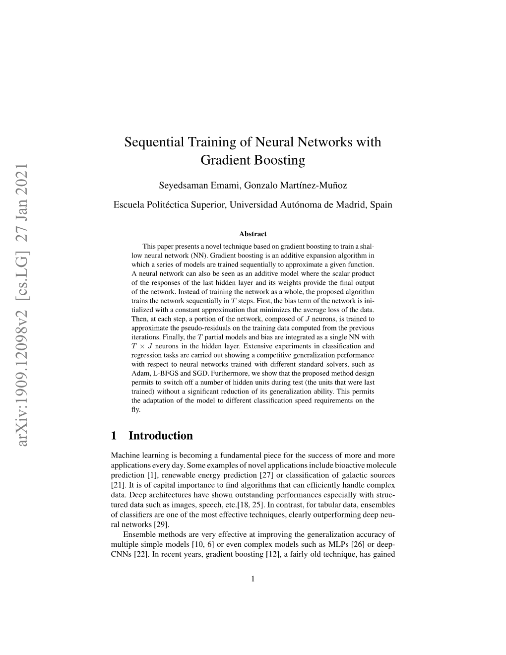 Sequential Training of Neural Networks with Gradient Boosting