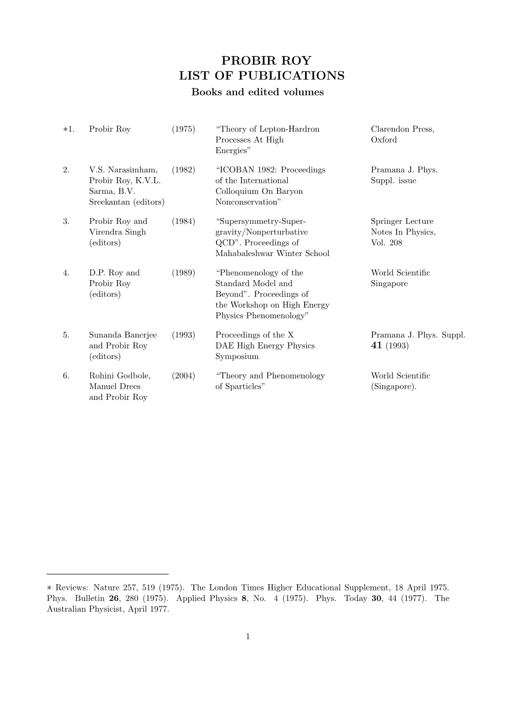 PROBIR ROY LIST of PUBLICATIONS Books and Edited Volumes
