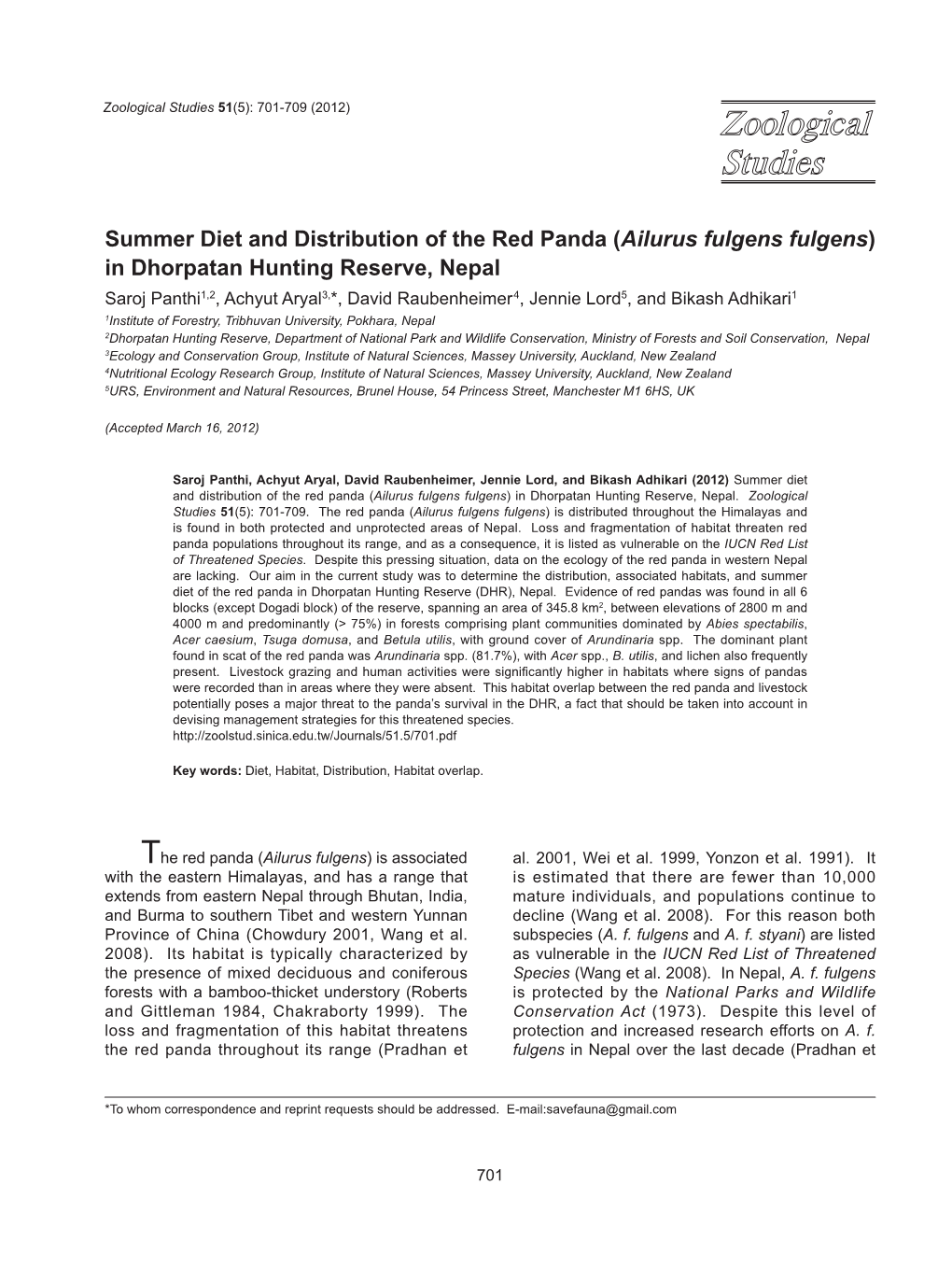 Summer Diet and Distribution of the Red Panda (Ailurus Fulgens Fulgens)