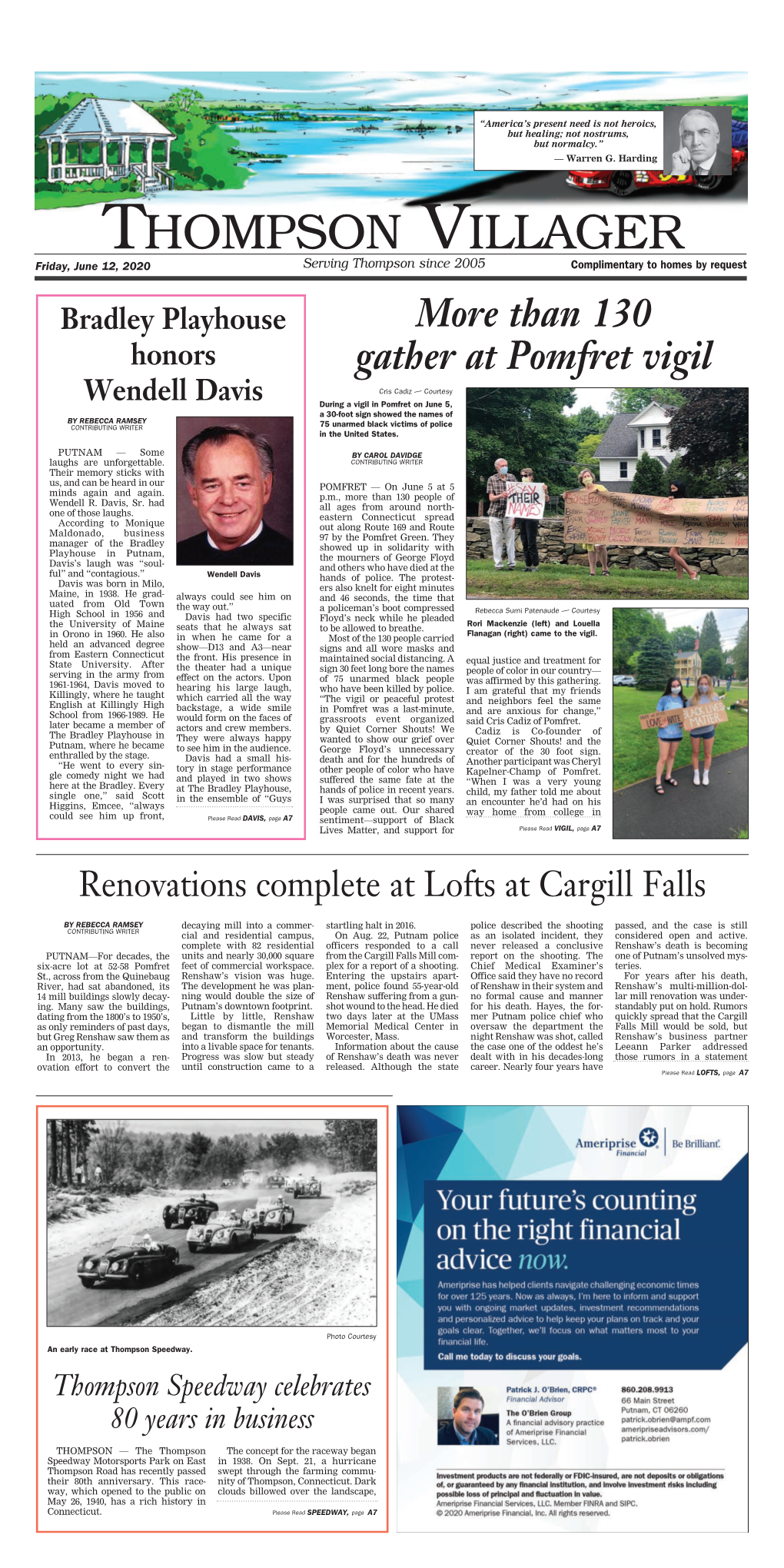 Thompson Villager Friday, June 12, 2020 Serving Thompson Since 2005 Complimentary to Homes by Request