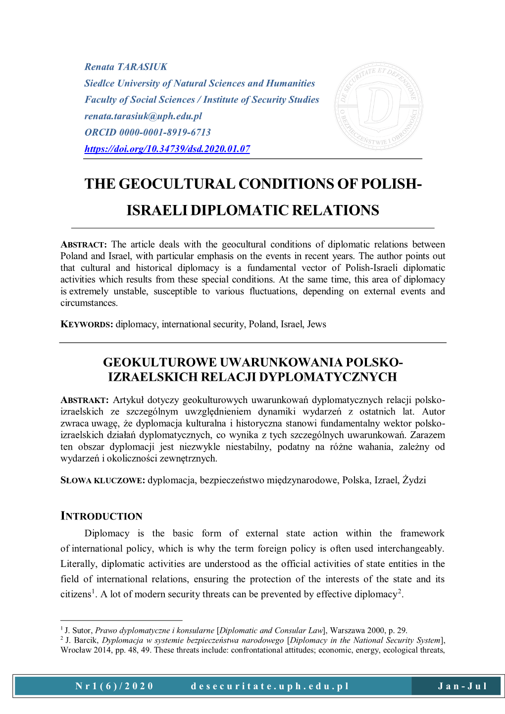 The Geocultural Conditions of Polish-Israeli Diplomatic Relations