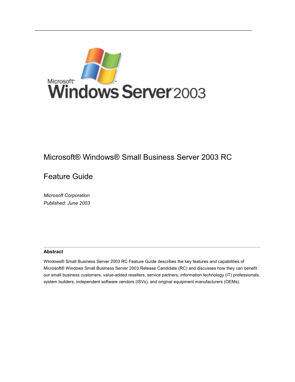 Microsoft Windows Small Business Server 2003 RC Feature Guide