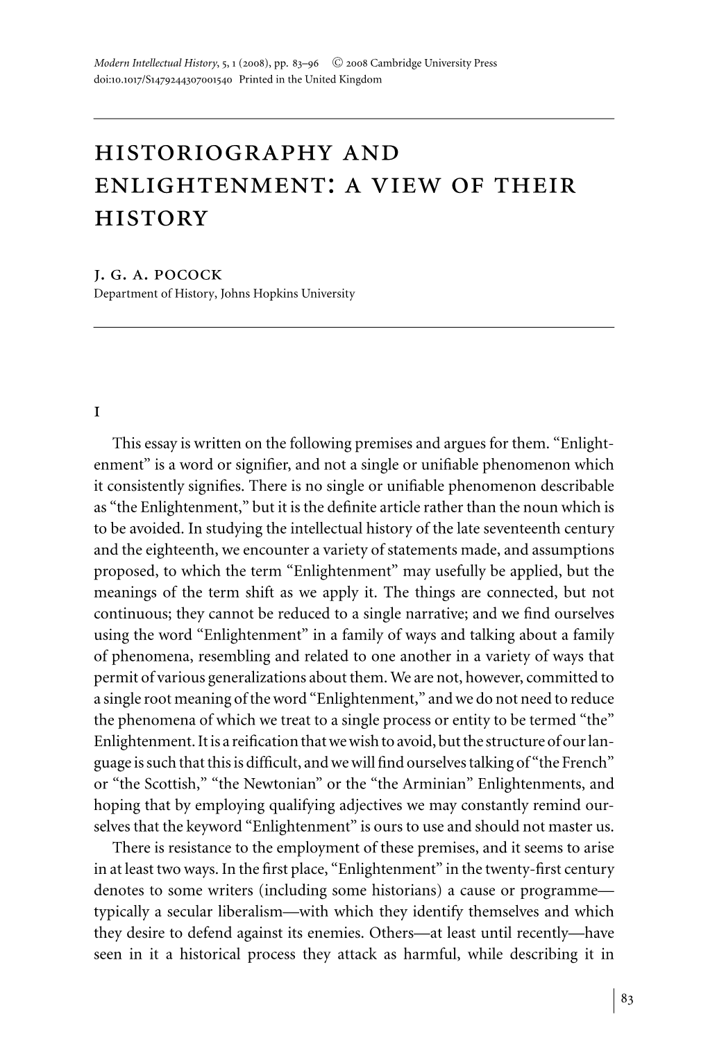 Historiography and Enlightenment: a View of Their History J