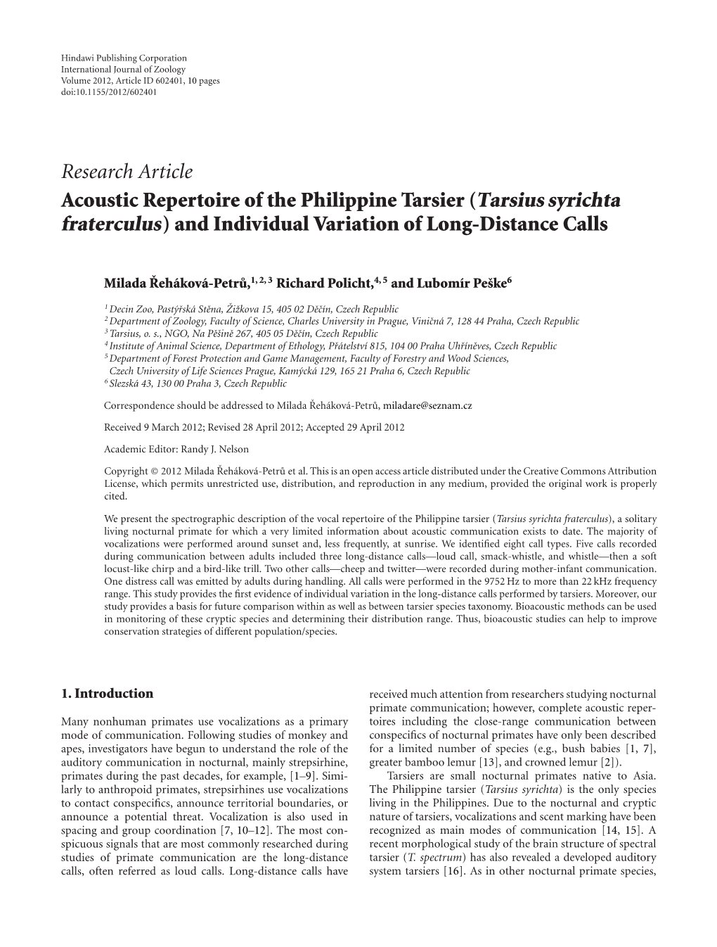 Acoustic Repertoire of the Philippine Tarsier (Tarsius Syrichta Fraterculus) and Individual Variation of Long-Distance Calls