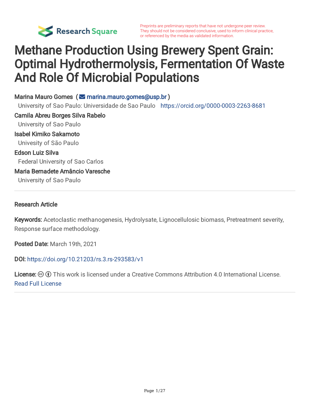 Methane Production Using Brewery Spent Grain: Optimal Hydrothermolysis, Fermentation of Waste and Role of Microbial Populations