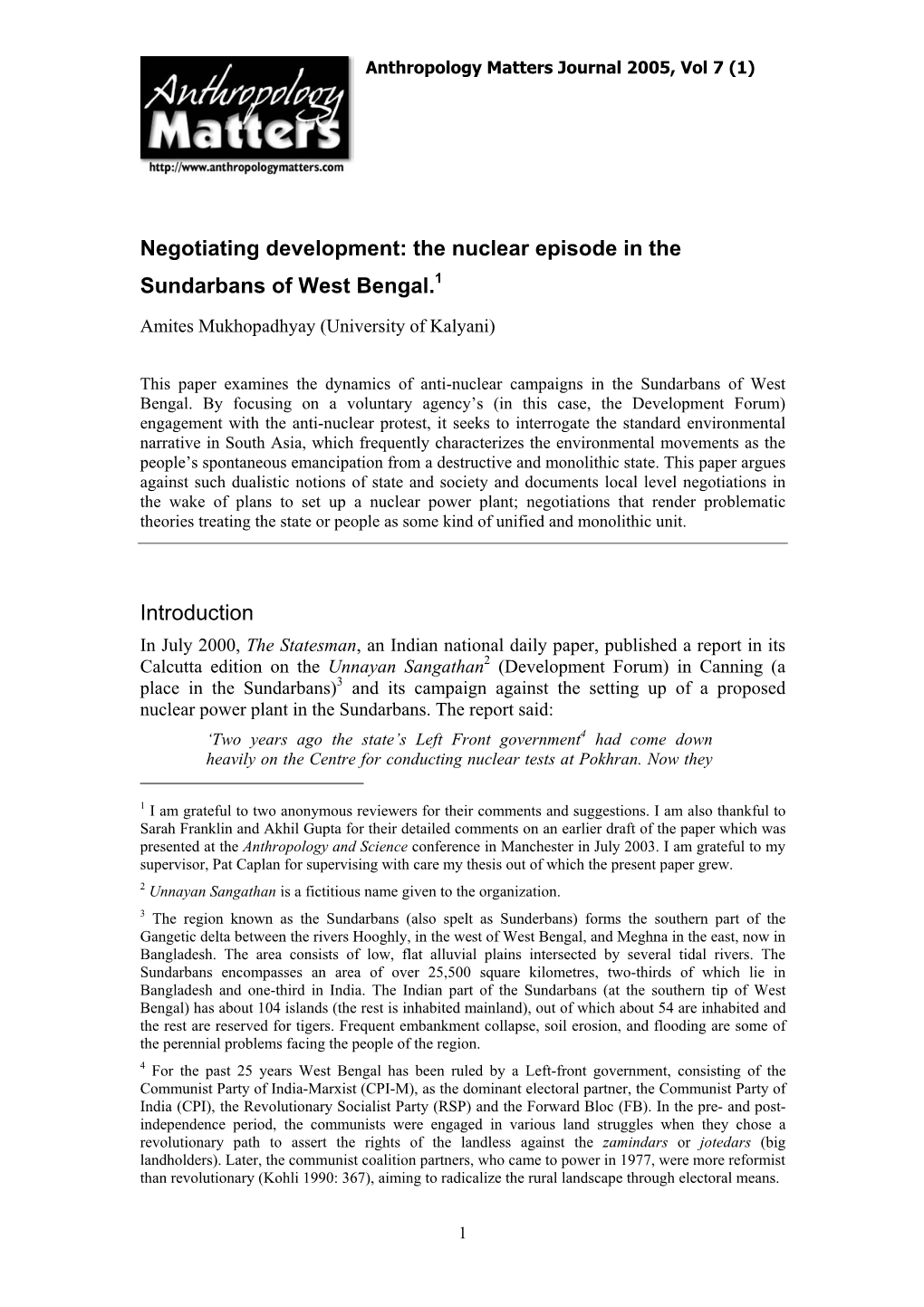 Negotiating Development: the Nuclear Episode in the Sundarbans of West Bengal.1