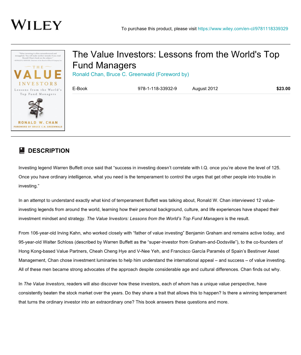 The Value Investors: Lessons from the World's Top Fund Managers Ronald Chan, Bruce C