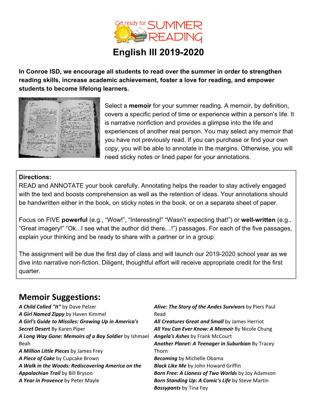 English III 2019-2020 Memoir Suggestions