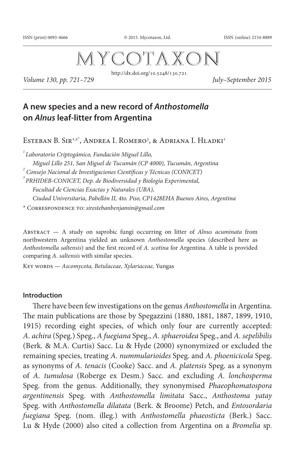 Anthostomella</I> on <I>Alnus</I> Leaf-Litter from Argentina