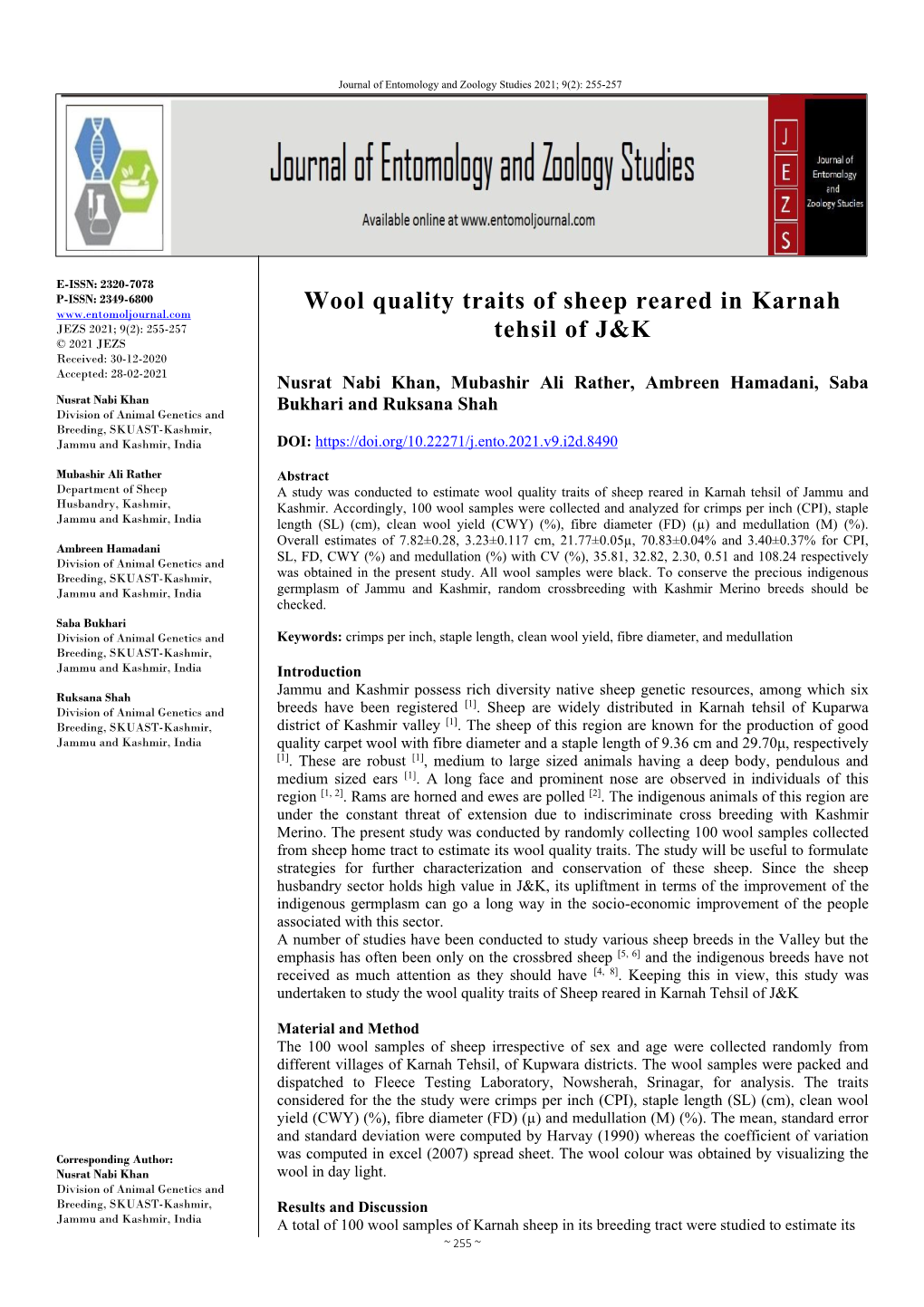 Wool Quality Traits of Sheep Reared in Karnah Tehsil of J&K