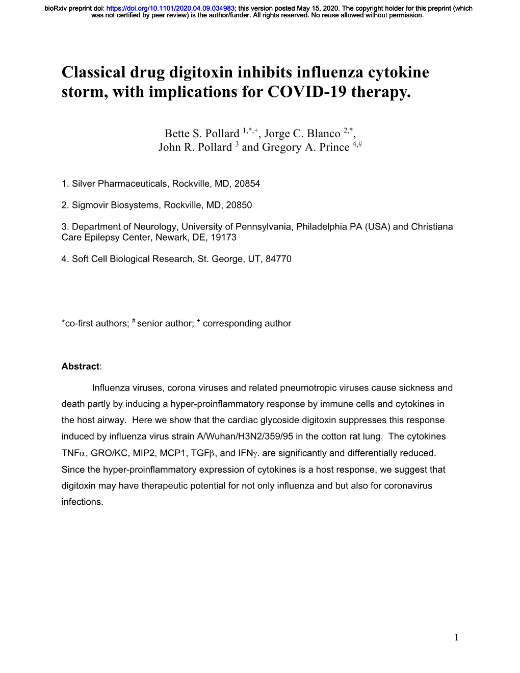 Classical Drug Digitoxin Inhibits Influenza Cytokine Storm, with Implications for COVID-19 Therapy