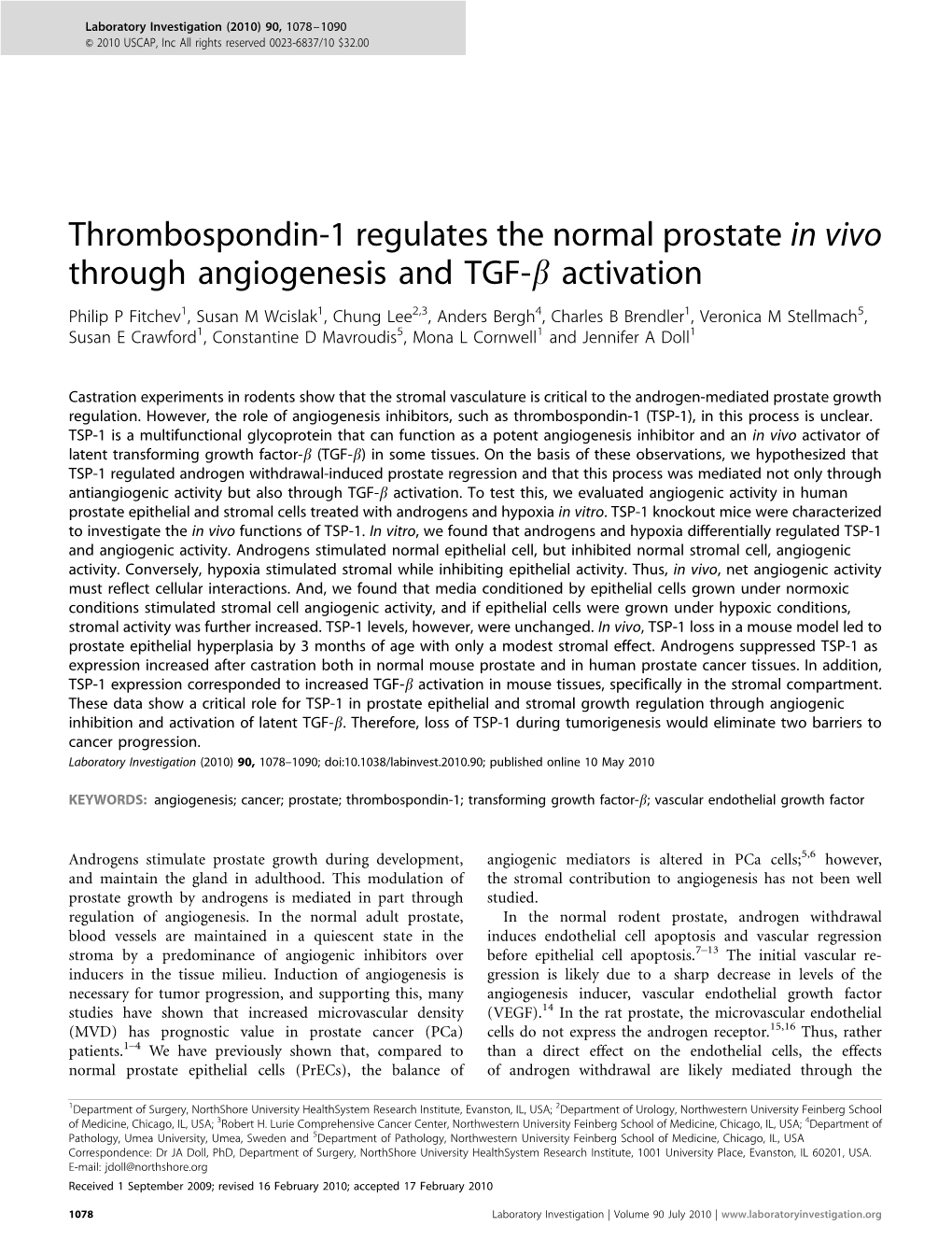 Thrombospondin-1 Regulates the Normal Prostate in Vivo Through