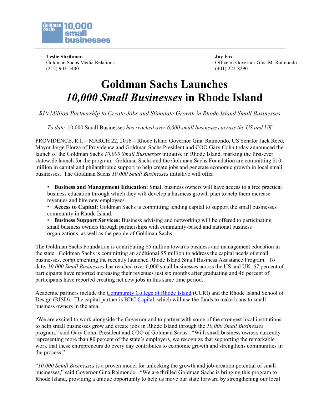 Goldman Sachs Launches 10,000 Small Businesses in Rhode Island