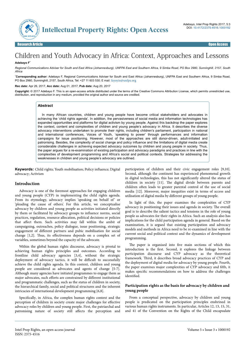 Children and Youth Advocacy in Africa: Context, Approaches and Lessons