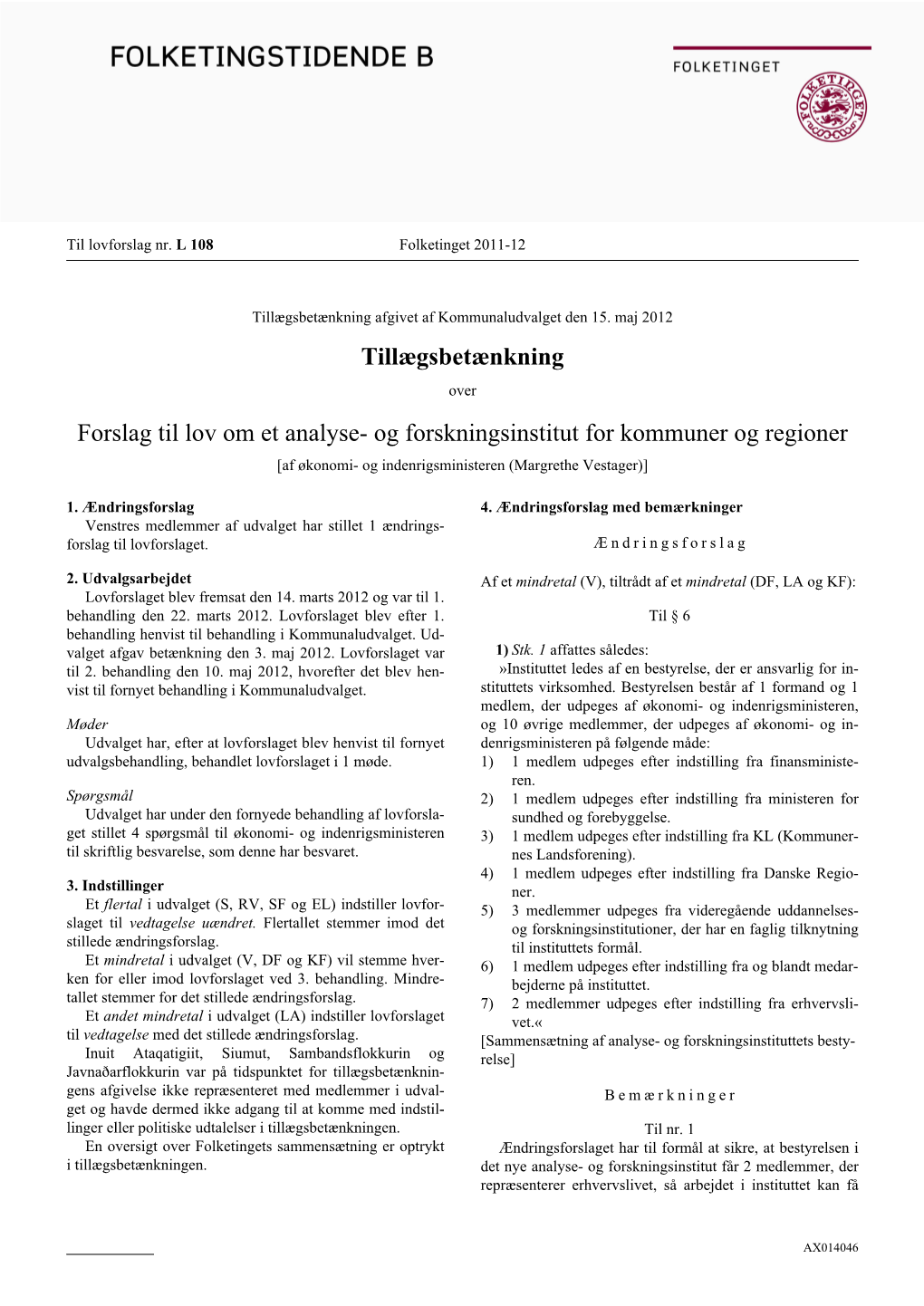 Tillægsbetænkning Forslag Til Lov Om Et Analyse