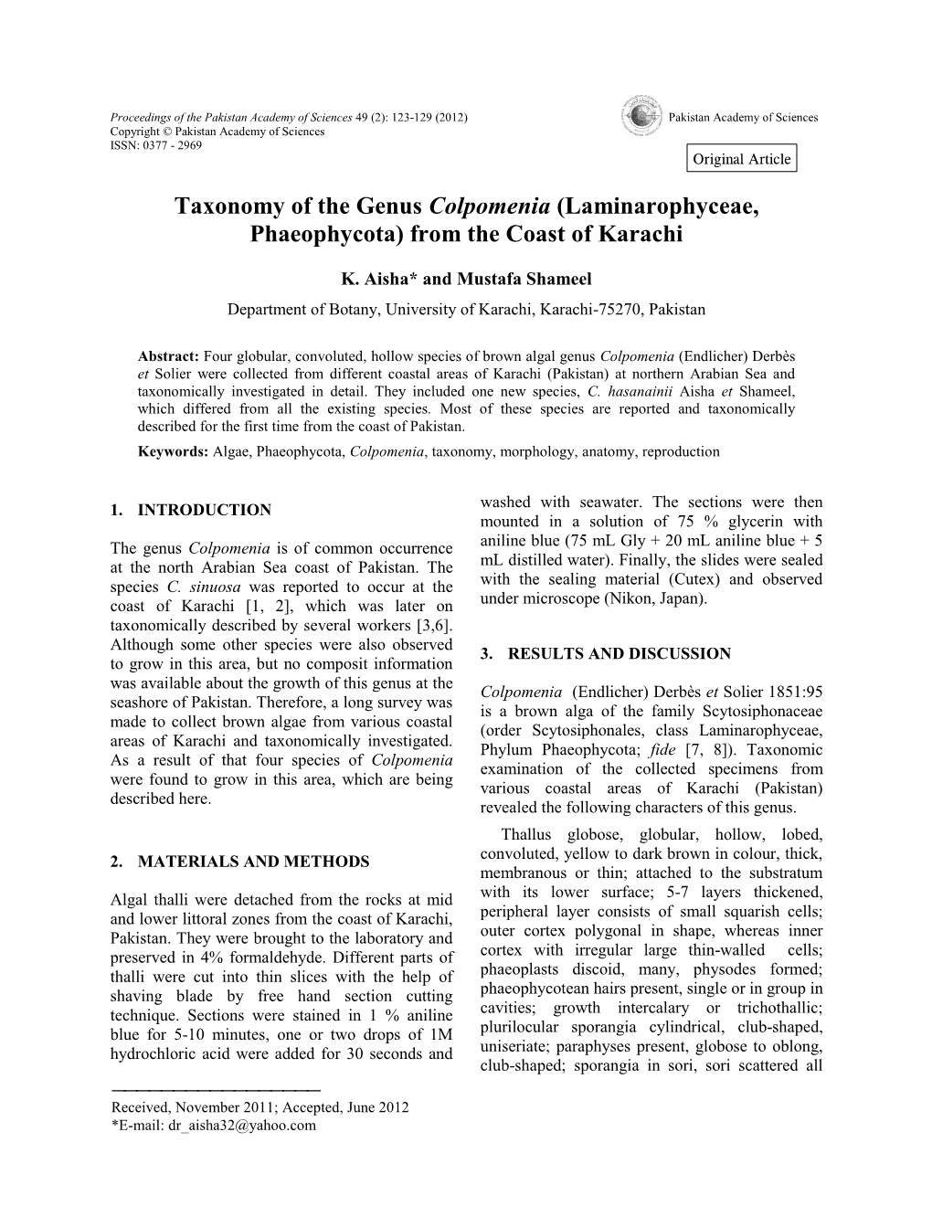 Taxonomy of the Genus Colpomenia (Laminarophyceae, Phaeophycota) from the Coast of Karachi