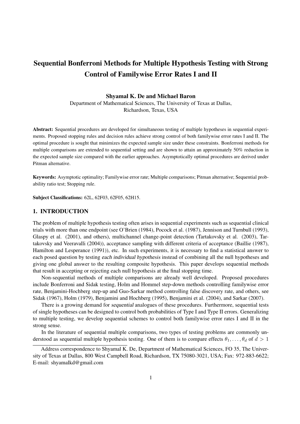 Sequential Bonferroni Methods for Multiple Hypothesis Testing with Strong Control of Familywise Error Rates I and II