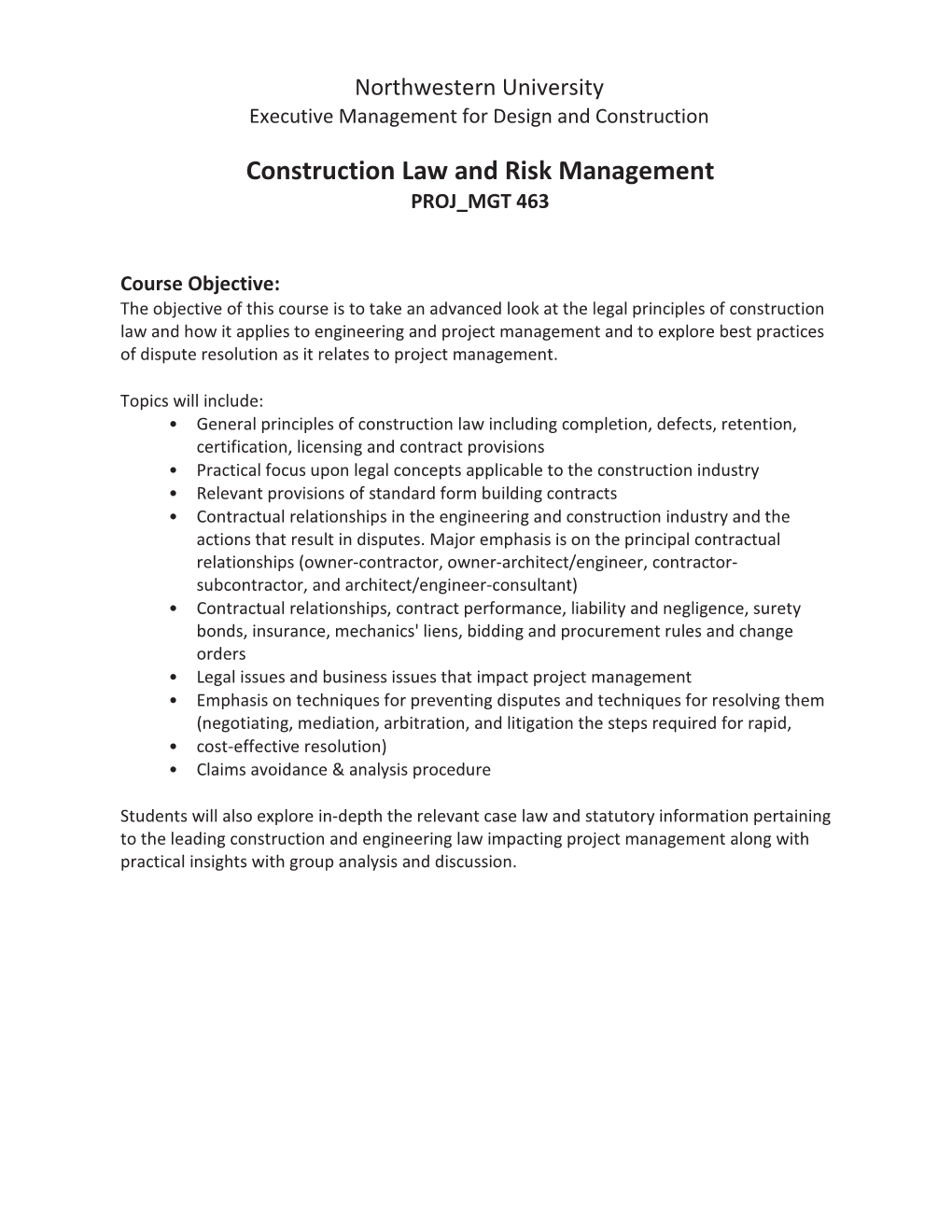 Construction Law and Risk Management PROJ MGT 463