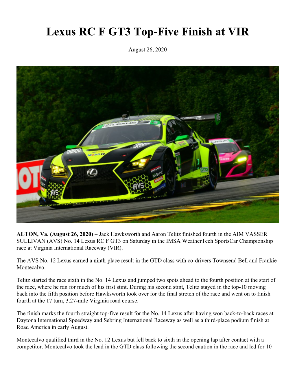 Lexus RC F GT3 Top-Five Finish at VIR