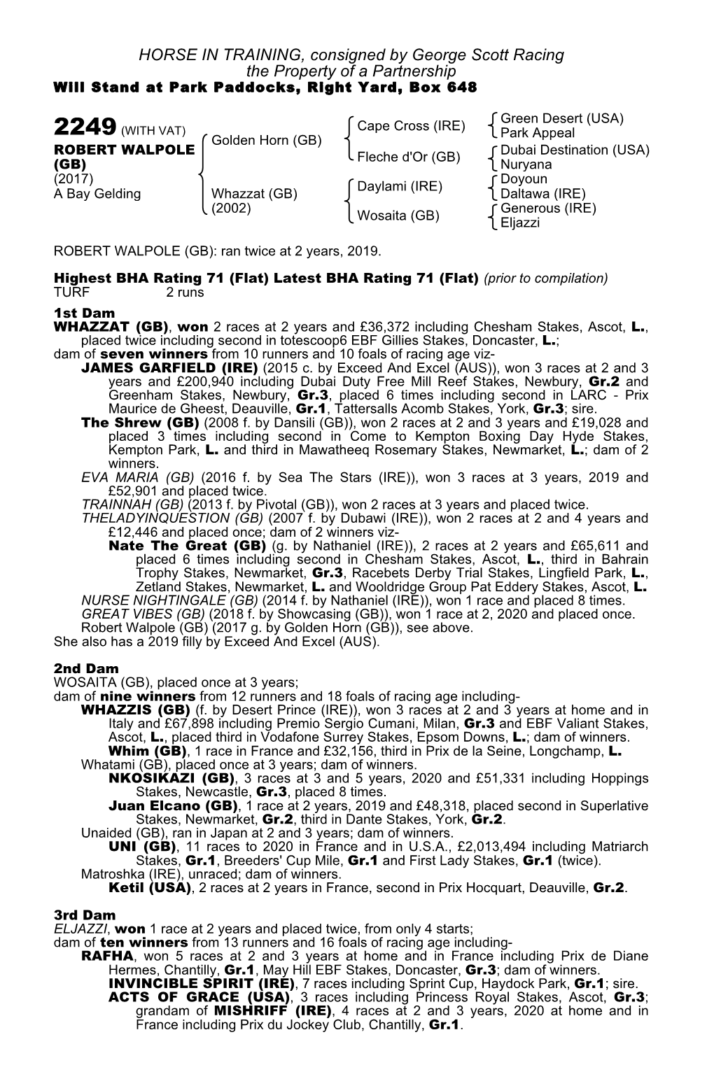 HORSE in TRAINING, Consigned by George Scott Racing the Property of a Partnership Will Stand at Park Paddocks, Right Yard, Box 648