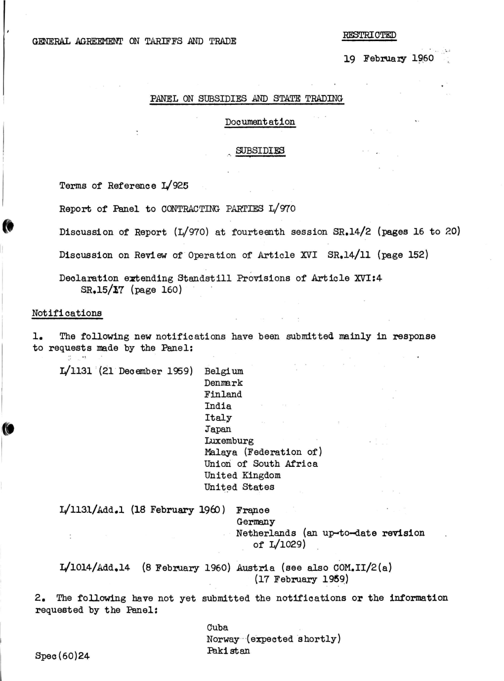 Terms of Reference L/925 Report of Panel to CONTRACTING PARTIES