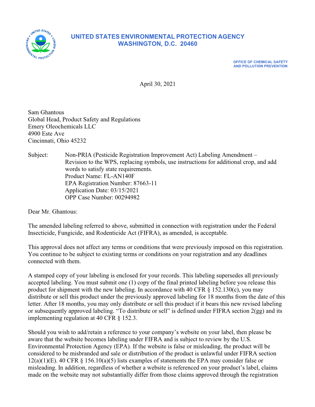 US EPA, Pesticide Product Label, FL-AN140F,04/30/2021