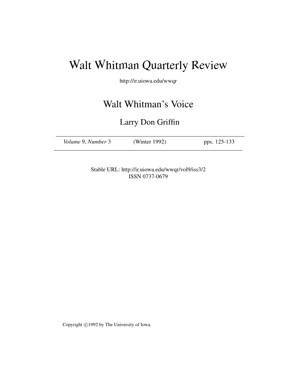 Walt Whitman Quarterly Review