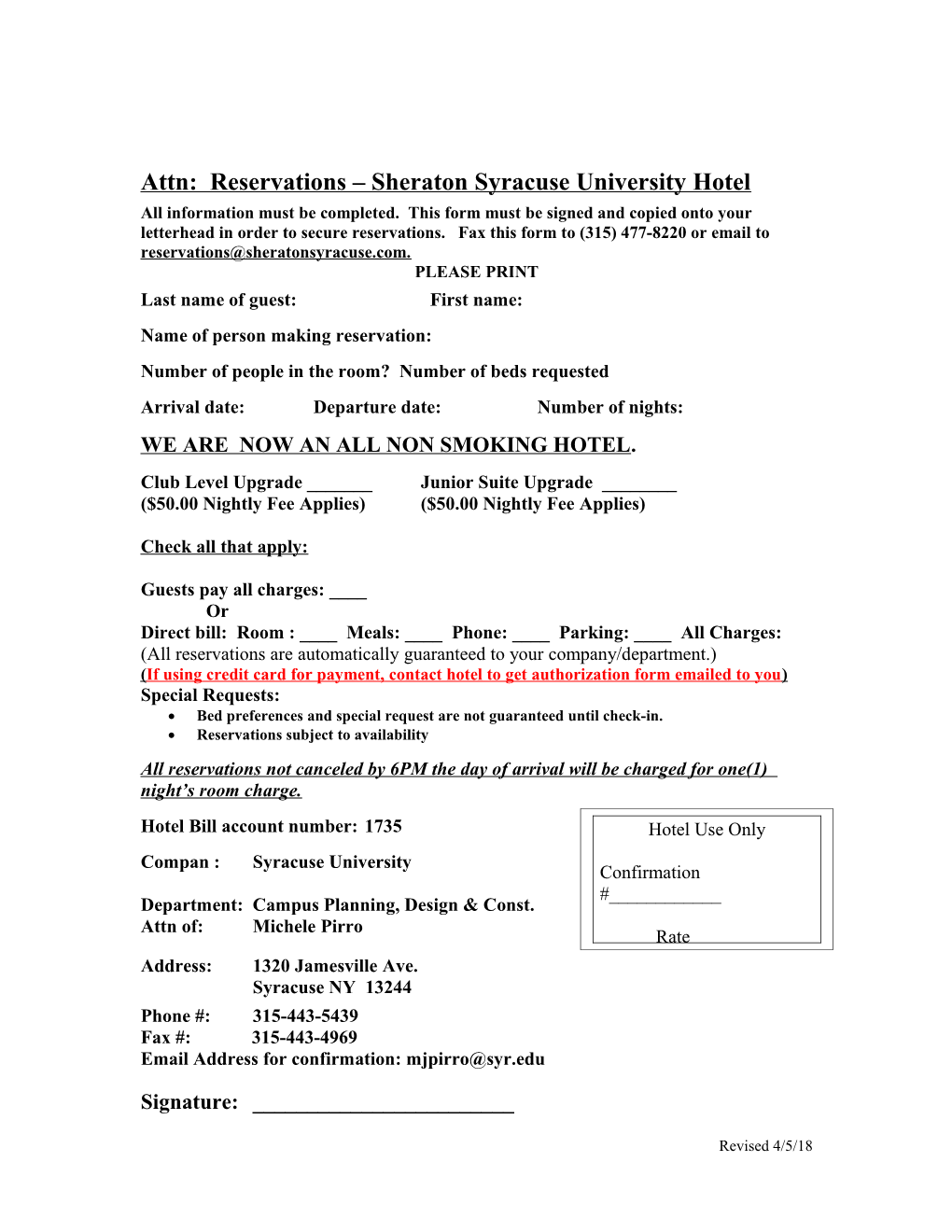 Attn: Reservations Sheraton Syracuse University Hotel