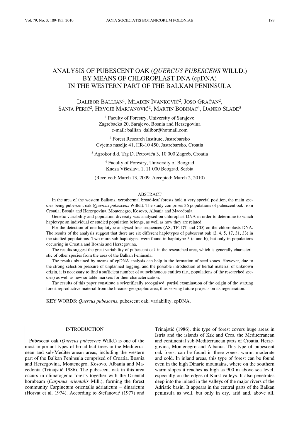 (Quercus Pubescens Willd.) by Means of Chloroplast Dna