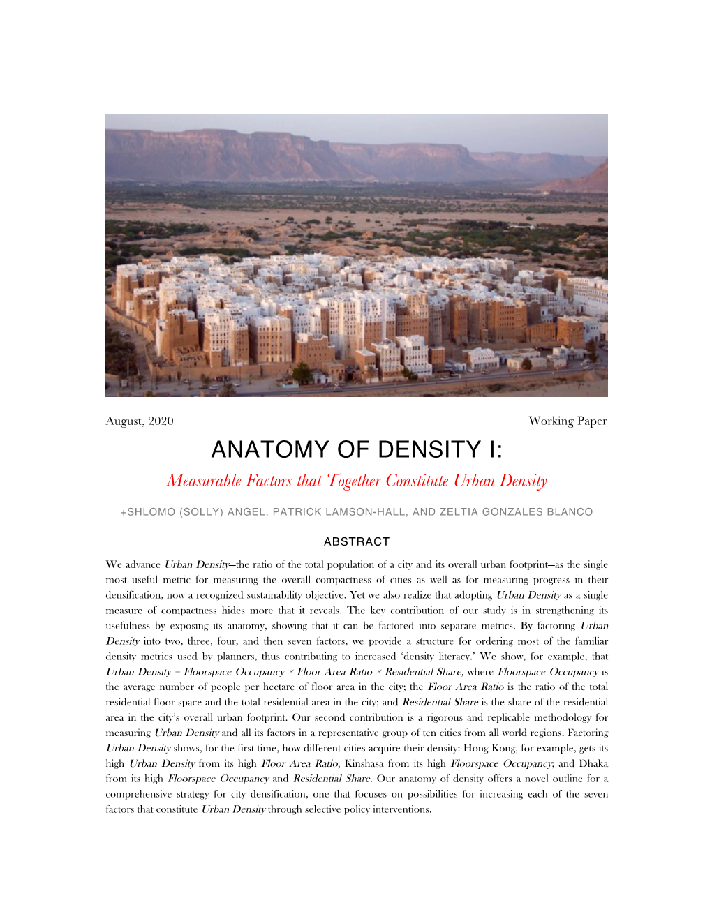 ANATOMY of DENSITY I: Measurable Factors That Together Constitute Urban Density