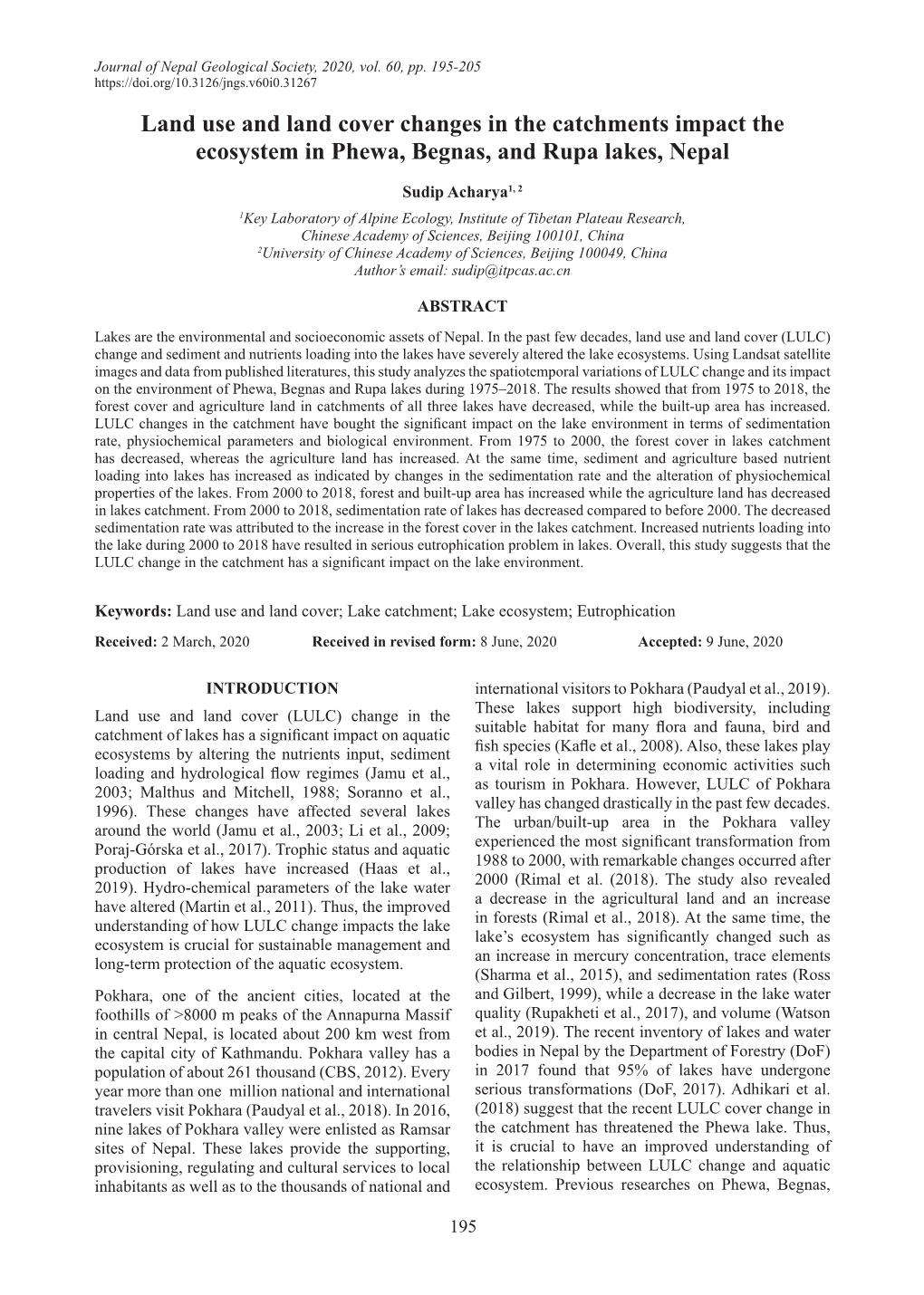 Land Use and Land Cover Changes in the Catchments Impact the Ecosystem in Phewa, Begnas, and Rupa Lakes, Nepal