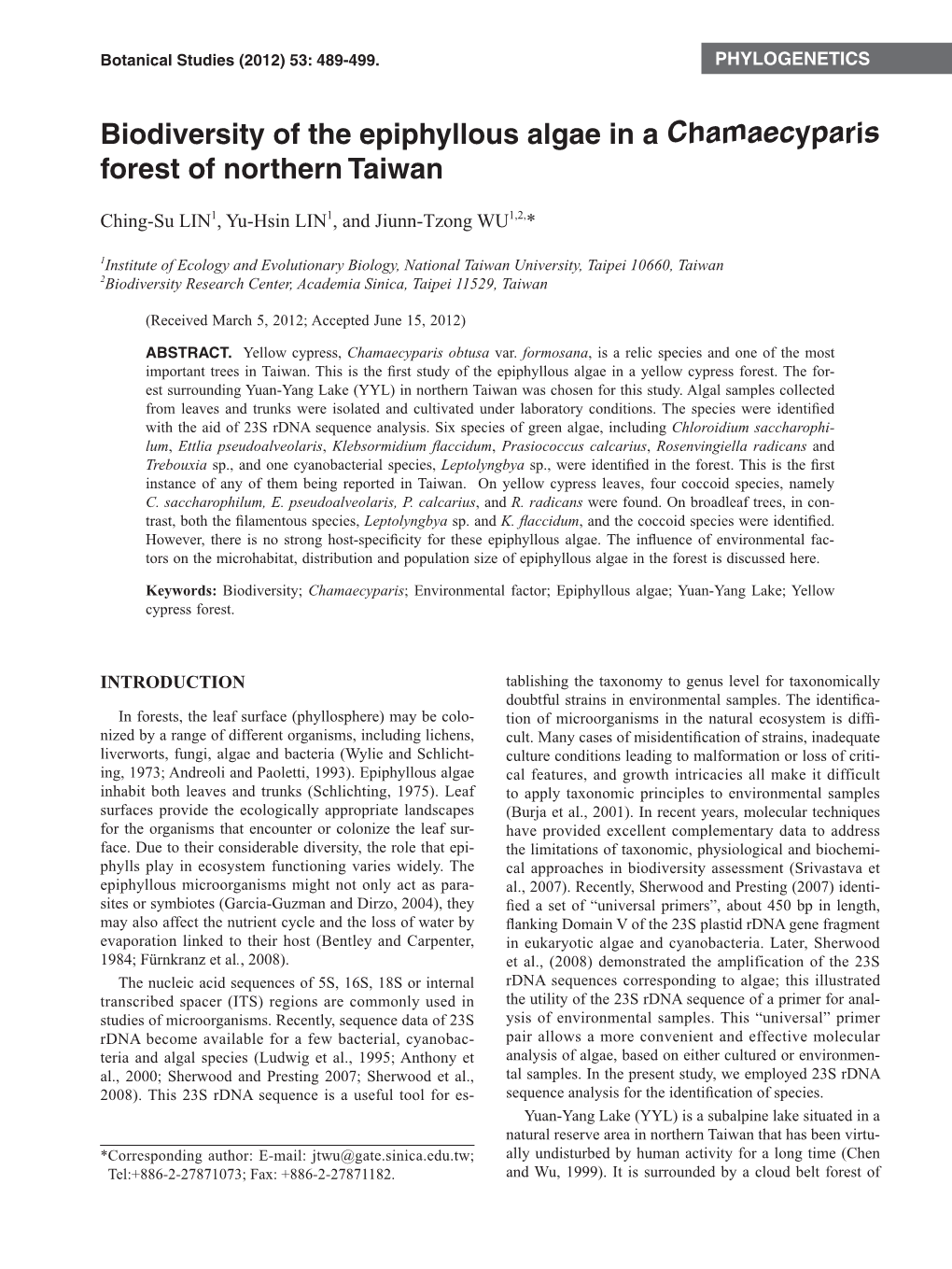 Biodiversity of the Epiphyllous Algae in a Chamaecyparis Forest of Northern Taiwan