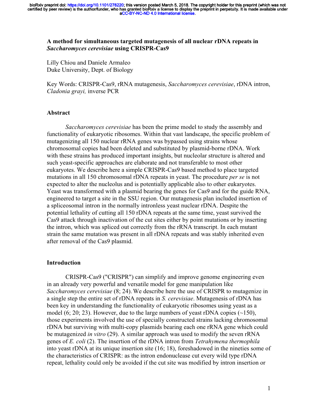 A Method for Simultaneous Targeted Mutagenesis of All Nuclear Rdna Repeats in Saccharomyces Cerevisiae Using CRISPR-Cas9