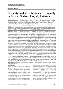 Diversity and Distribution of Dragonfly in District Sialkot, Punjab, Pakistan