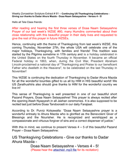 US Thanksgiving Celebrations - Giving Our Thanks to Dadar Ahura Mazda - Doaa Naam Setaayashne - Verses 4 - 5!