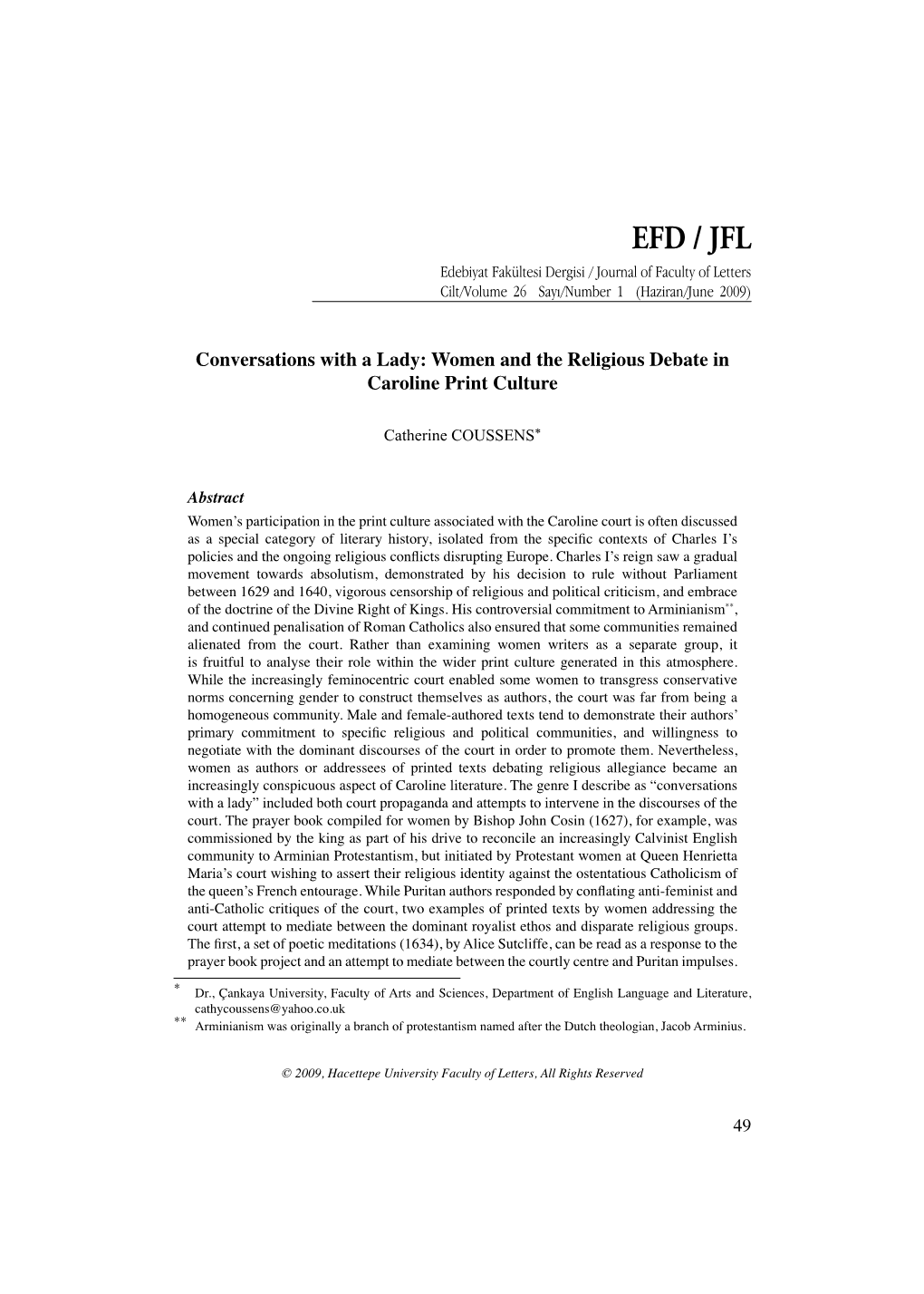 EFD / JFL Edebiyat Fakültesi Dergisi / Journal of Faculty of Letters Cilt/Volume 26 Sayı/Number 1 (Haziran/June 2009)