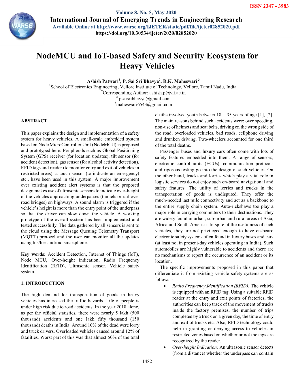 Nodemcu and Iot-Based Safety and Security Ecosystem for Heavy Vehicles