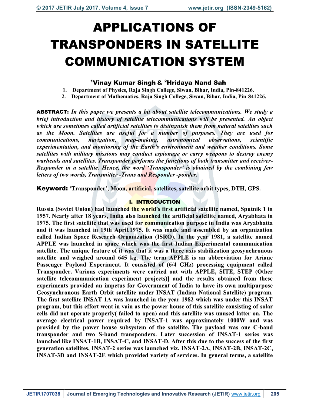 Applications of Transponders in Satellite Communication System