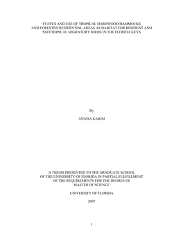 Status and Use of Tropical Hardwood Hammocks and Forested Residential Areas As Habitat for Resident and Neotropical Migratory Birds in the Florida Keys