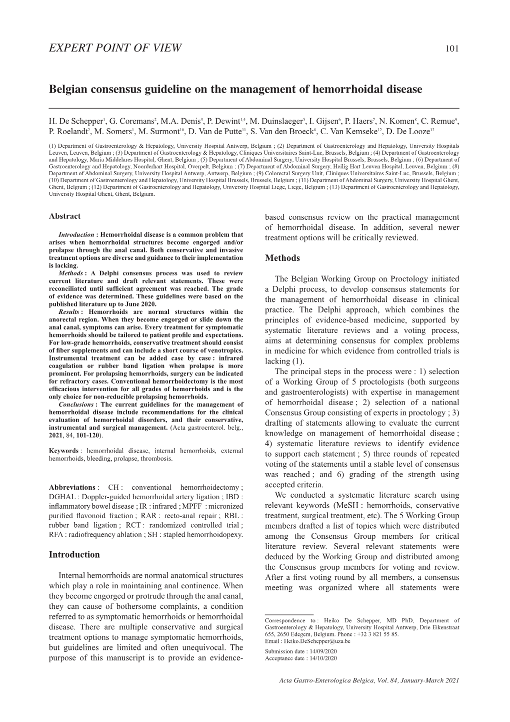 Belgian Consensus Guideline on the Management of Hemorrhoidal Disease