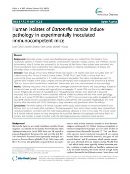 Human Isolates of Bartonella Tamiae Induce Pathology in Experimentally Inoculated Immunocompetent Mice Leah Colton*, Nordin Zeidner, Tarah Lynch, Michael Y Kosoy