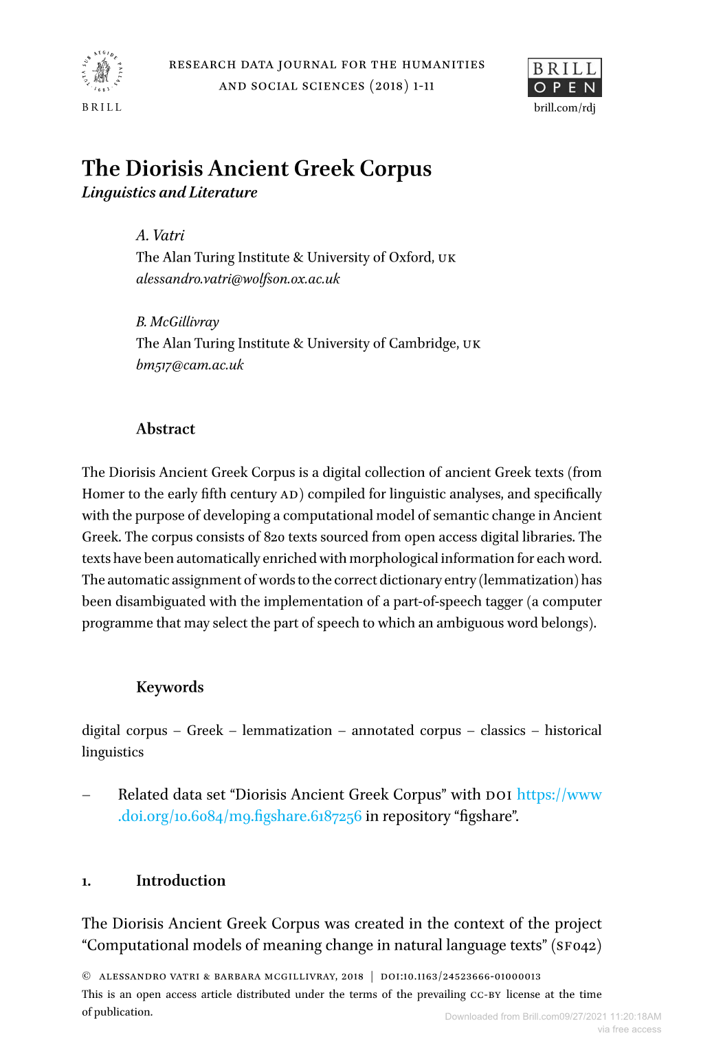 The Diorisis Ancient Greek Corpus Linguistics and Literature